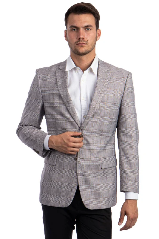 Men's Two Button Regular Fit Sport Coat in Grey & Bronze Windowpane Plaid