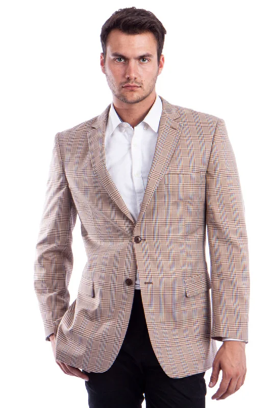 Men's Two Button Regular Fit Sport Coat in Tan & Blue Windowpane Plaid