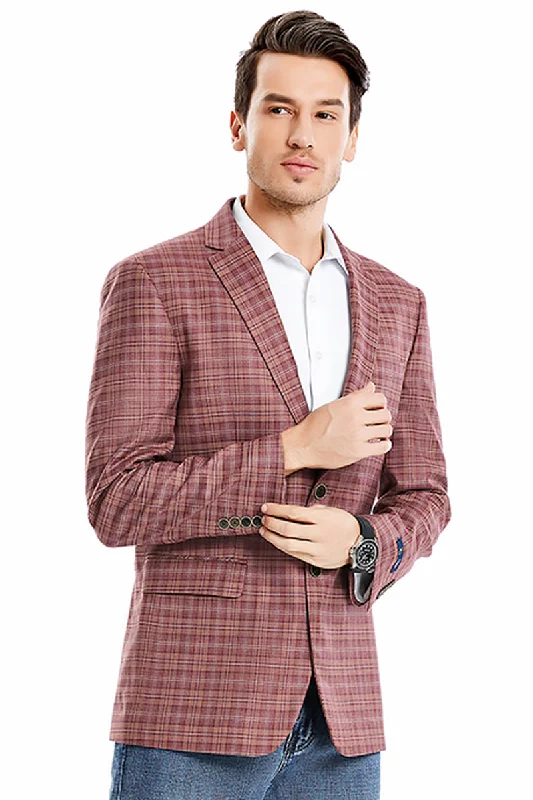 Men's Two Button Regular Fit Windowpane Plaid Sport Coat Blazer in Mauve