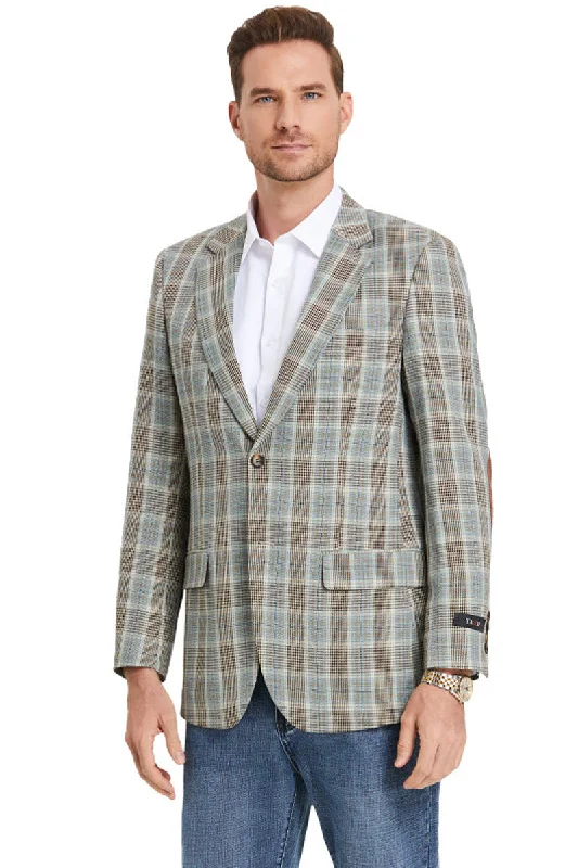 Men's Two Button Slim Fit Business Casual Sport Coat in Camel Glen Plaid