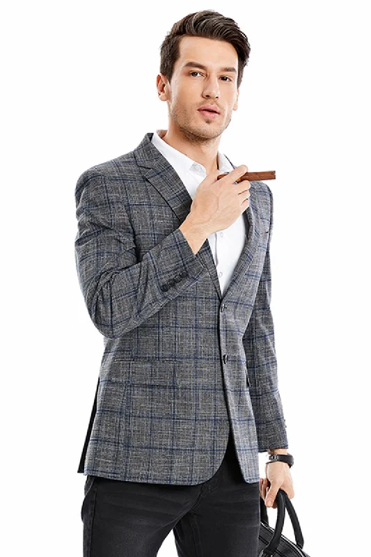 Men's Two Button Slim Fit Glen Plaid Sport Coat Blazer in Charcoal Grey