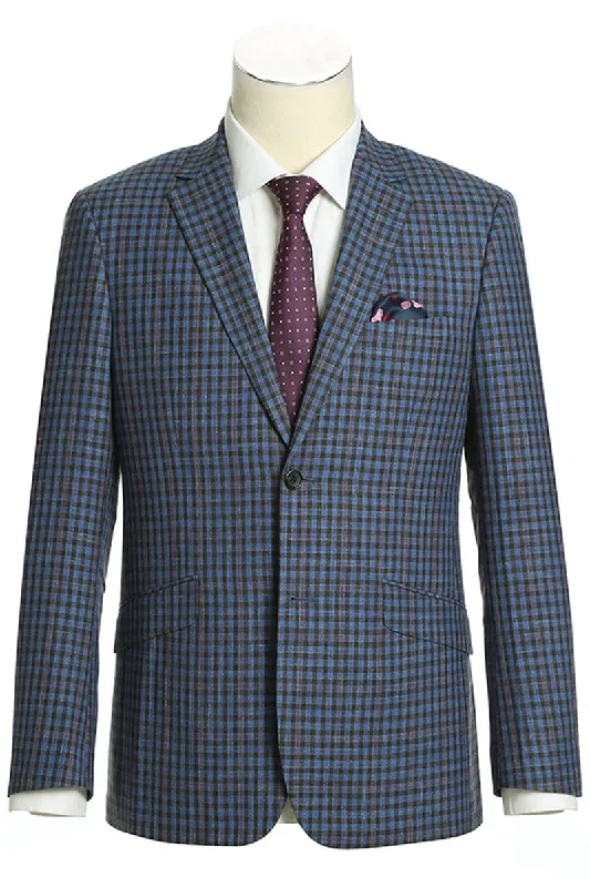 Mens Two Button Slim Fit Wool Sport Coat Blazer in Navy Blue & Burgundy Mini Check