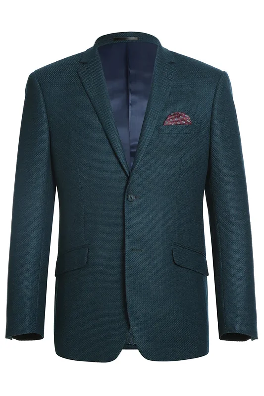 Mens Two Button Slim Fit Wool Sport Coat Blazer in Teal Blue Green Birdseye