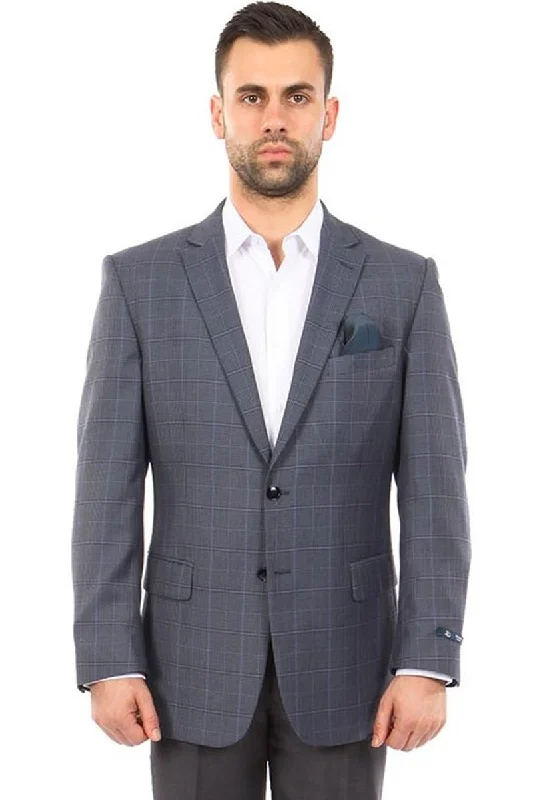 Men's Two Button Windowpane Plaid Sport Coat in Blue Grey