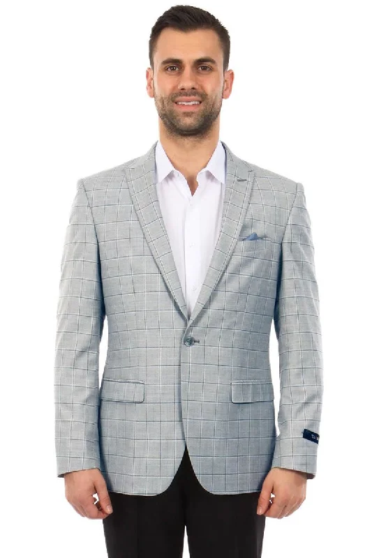 Men's Two Button Windowpane Plaid Sport Coat in Light Blue