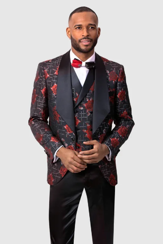 Mens Vested Diamond Shawl Lapel Tuxedo in Black & Red Flower Print