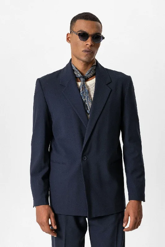 Navy Single-Button Relaxed Men's Blazer Jacket - Wessi