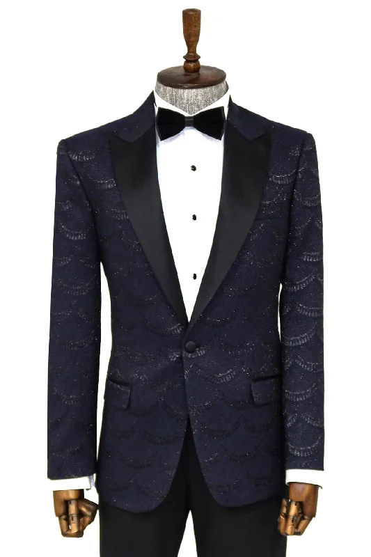 Patterned Slim Fit Navy Blue Men Singer Tuxedo Blazer - Wessi