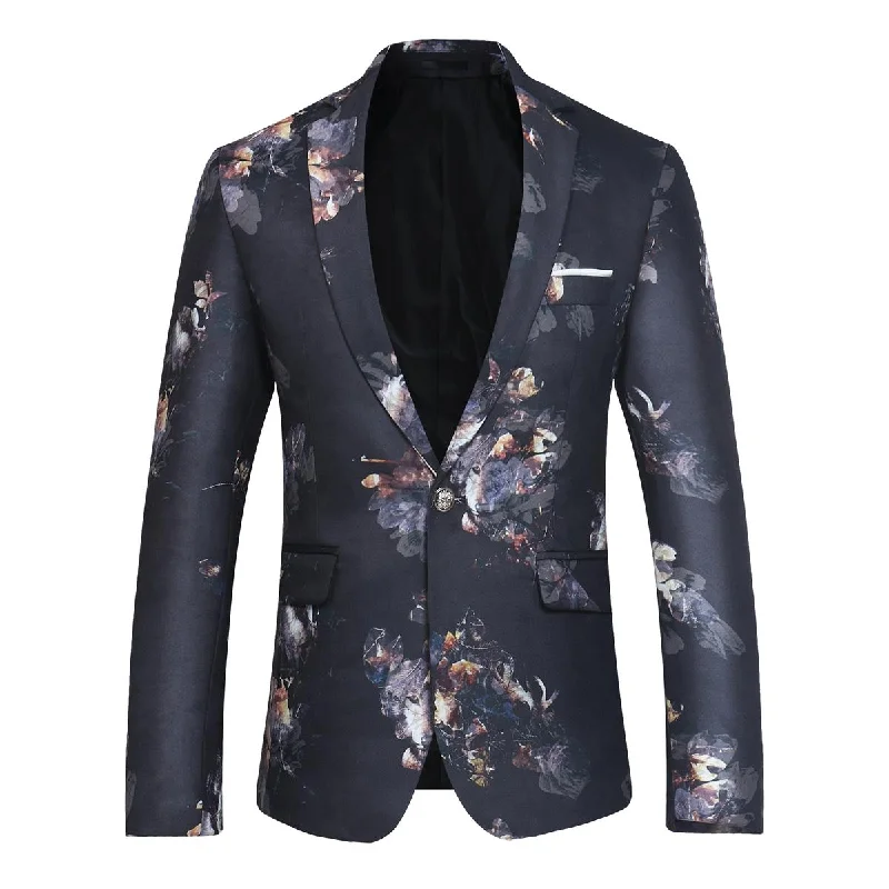 Slim Fit Floral Print Casual Black Blazer