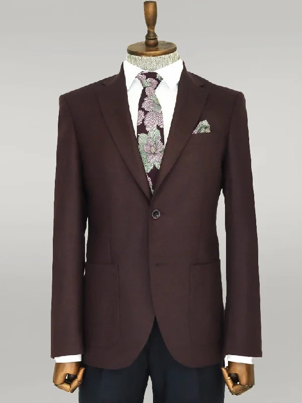 Slim Fit Plain Wide Lapel Burgundy Men Wool Blazer - Wessi