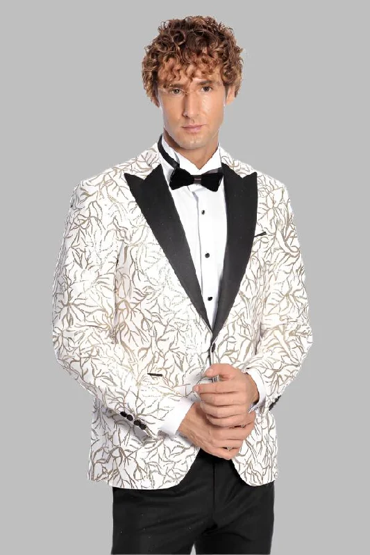 Sparkling Ivy Patterned Slim Fit White Men Wedding Groom Blazer - Wessi