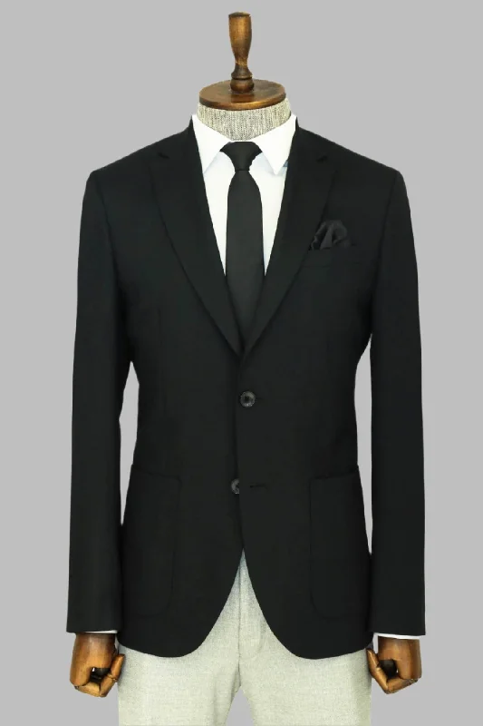 Textured Slim Fit Peak Lapel Black Men Blazer - Wessi