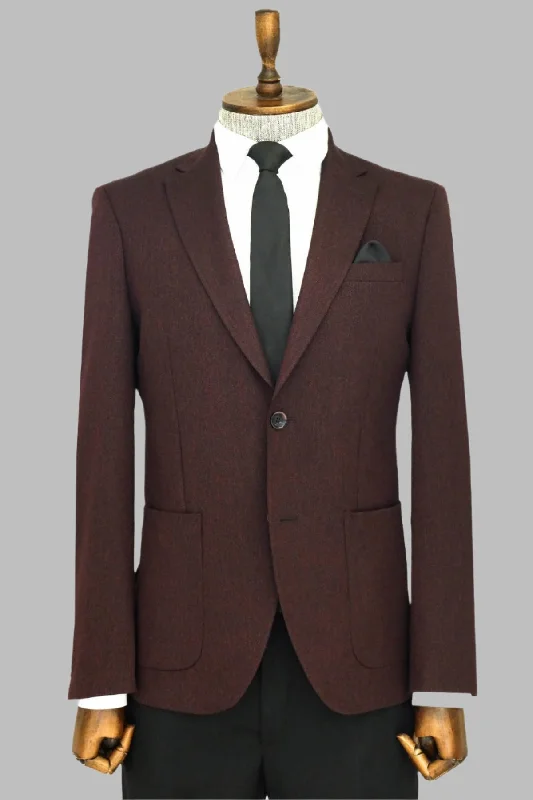 Textured Slim Fit Peak Lapel Burgundy Men Blazer - Wessi