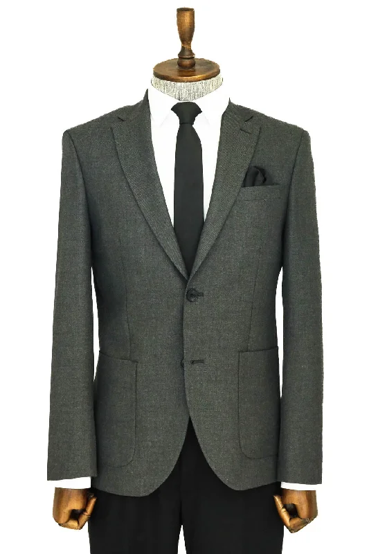 Textured Slim Fit Peak Lapel Grey Men Blazer - Wessi