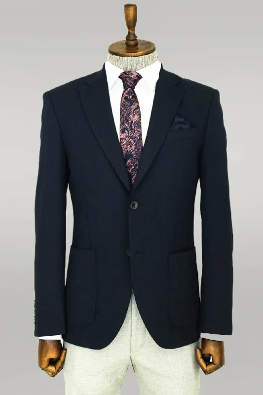 Textured Slim Fit Peak Lapel Navy Blue Men Blazer - Wessi