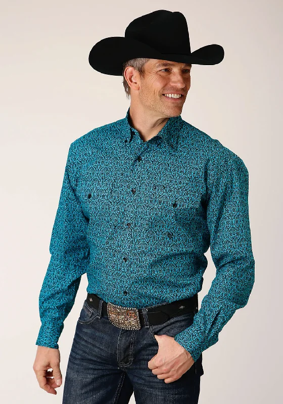 Roper Mens Black Fill Teal 100% Cotton L/S Shirt