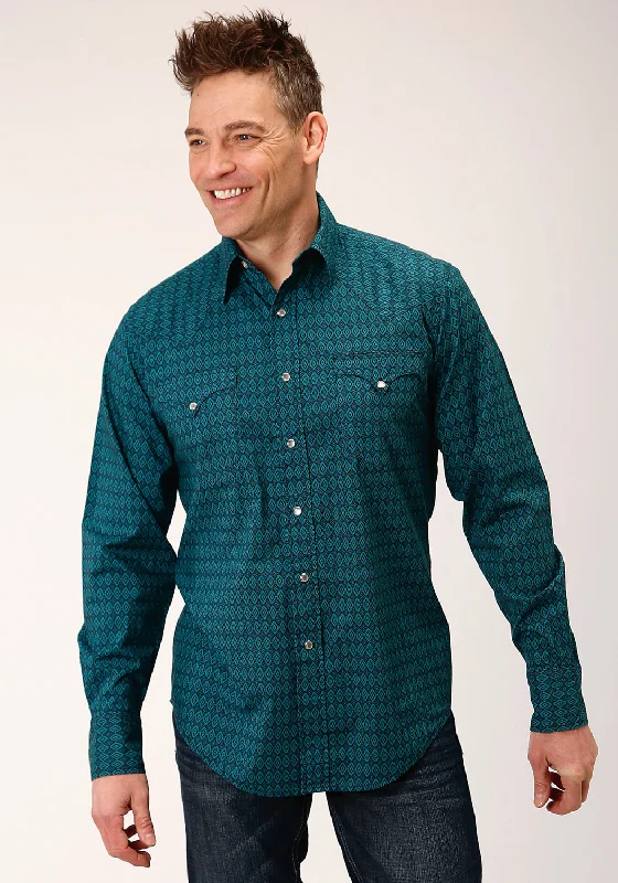 Roper Mens Green 100% Cotton Diamonds Print L/S Shirt