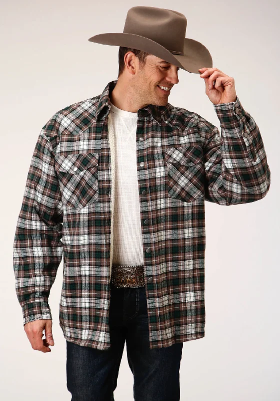 Roper Mens Tan 100% Cotton Sherpa Flannel Plaid L/S Shirt