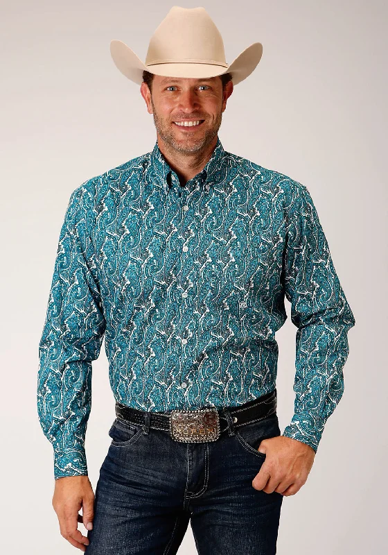 Roper Mens Turquoise 100% Cotton Upstream Paisley BD L/S 1 Pkt Shirt