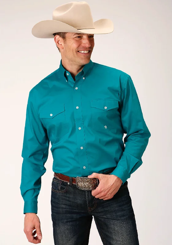 Roper Mens Turquoise Cotton Blend Poplin Stretch BD L/S Btn Shirt