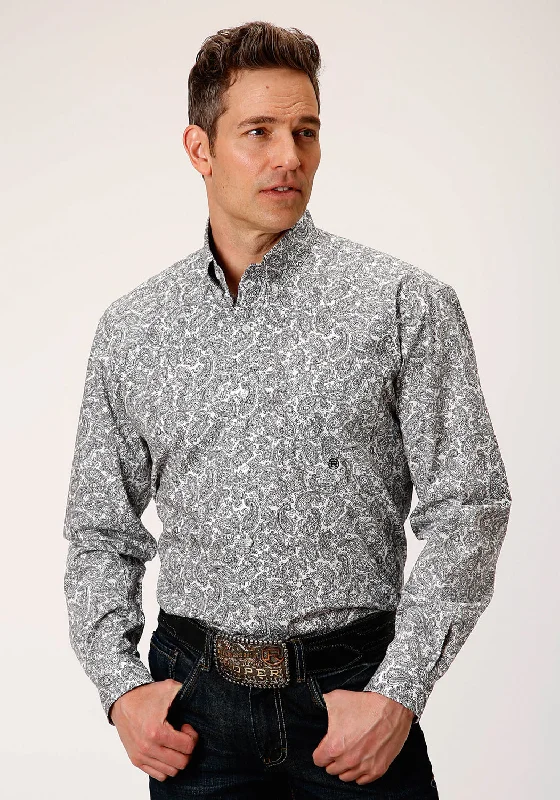 Roper Mens White 100% Cotton Line Paisley BD L/S 1 Pkt Shirt