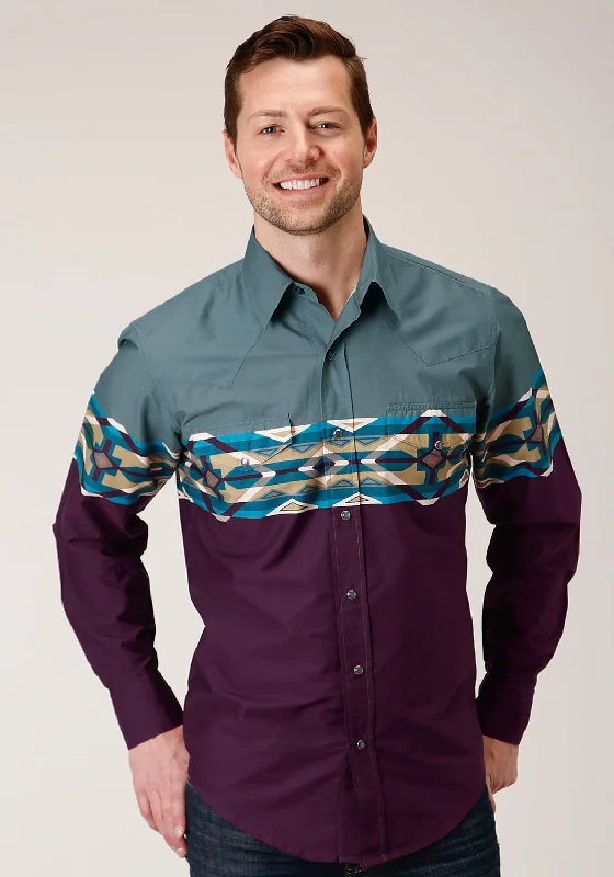 Roper Mens Wine 100% Cotton Tile Aztec L/S Snap Shirt