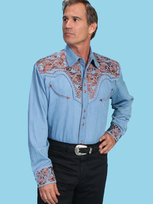 Scully Mens Floral Tooled Embroidery Light Blue Poly/Rayon L/S Shirt