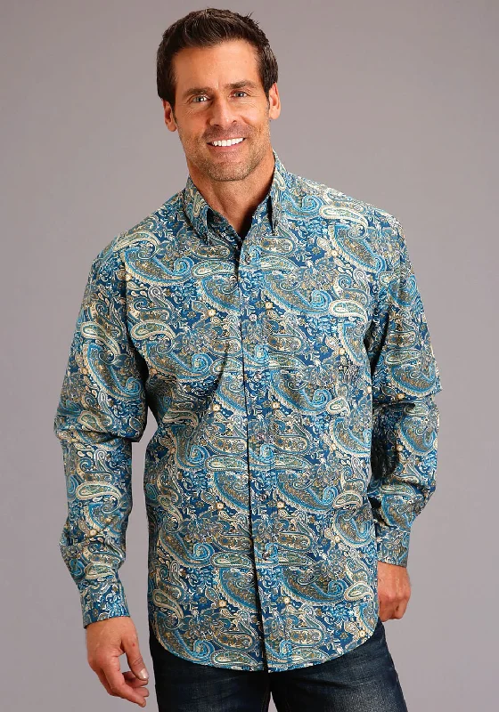 Stetson Mens Blue 100% Cotton Fall Paisley BD L/S 1 Pkt Shirt