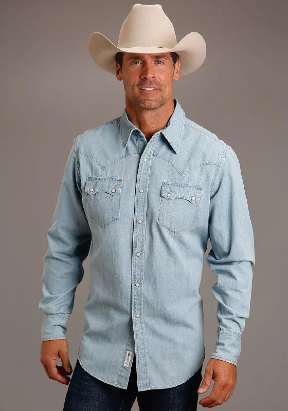 Stetson Mens Denim Snap Blue 100% Cotton L/S Shirt