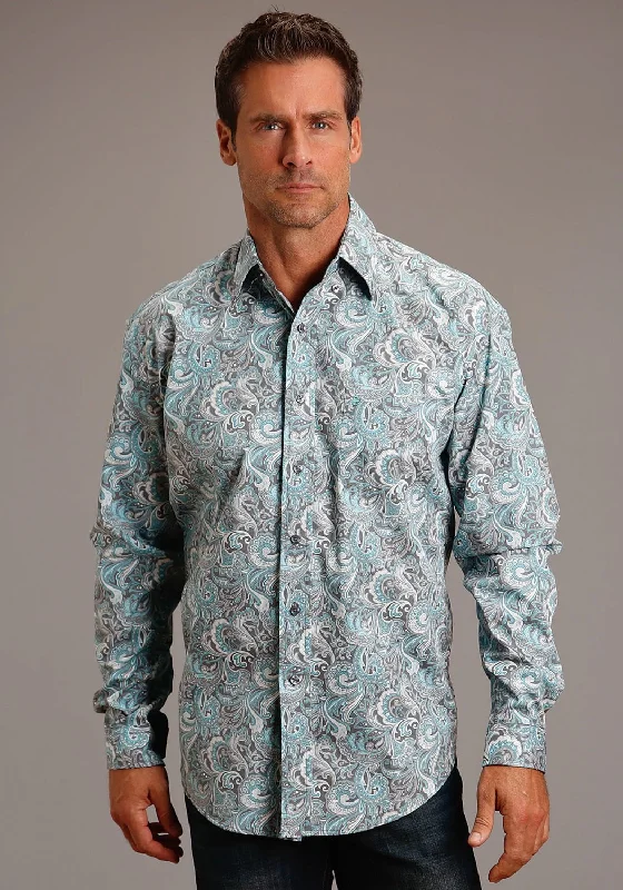 Stetson Mens Silver Sage Paisley Blue 100% Cotton L/S Shirt